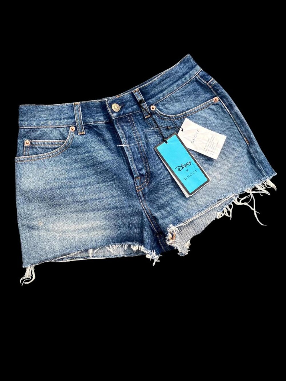 GUCCI Disney Denim Eco-Washed Embroidered Donald Duck Distressed Shorts Size 26